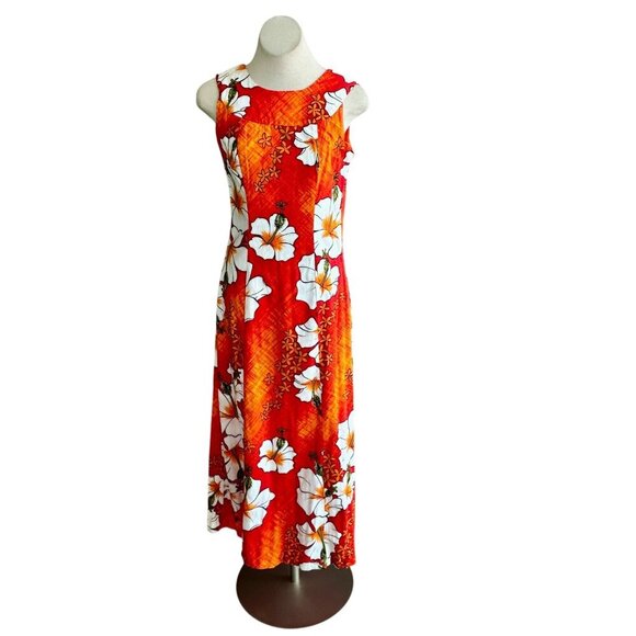 Vintage 60s Hawaiian Orange Floral Tiki Barkcloth Maxi Dress from Penney's - Picture 1 of 11